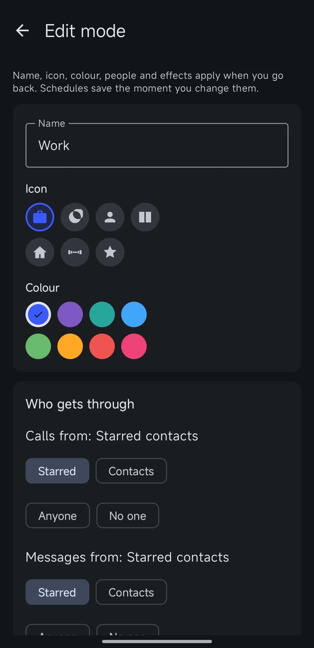 Edit mode screen for the Work mode with name, icon, colour and who gets through