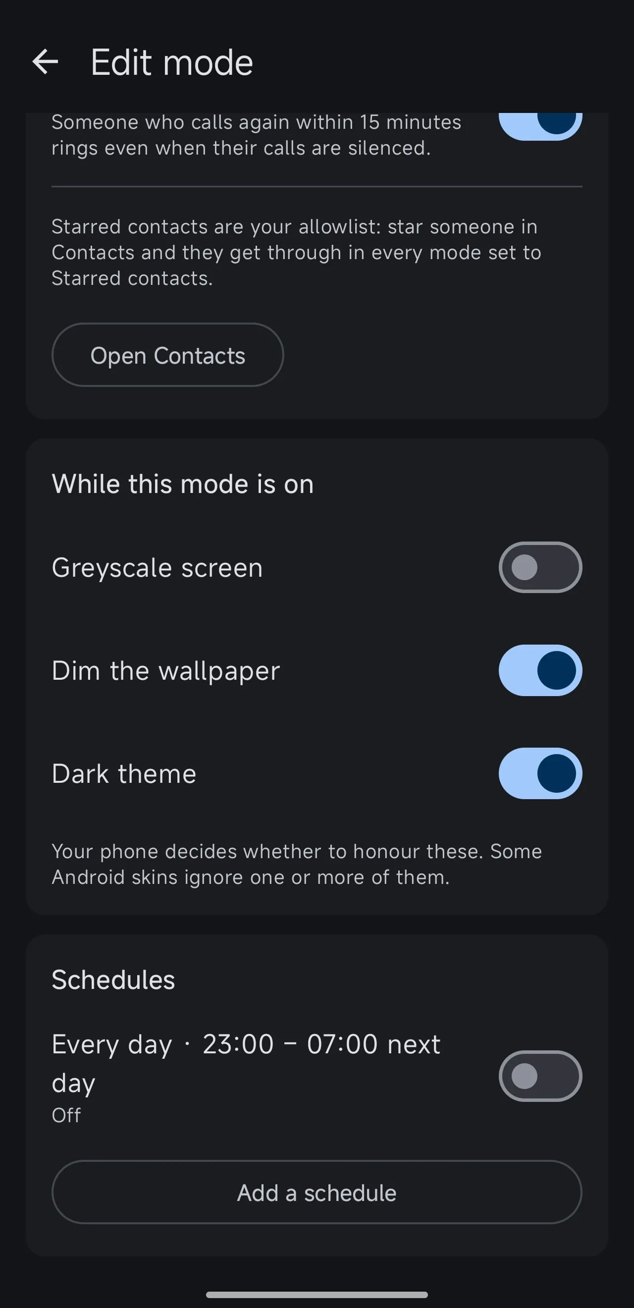 Mode settings with screen effects and an every-day schedule from 23:00 to 07:00