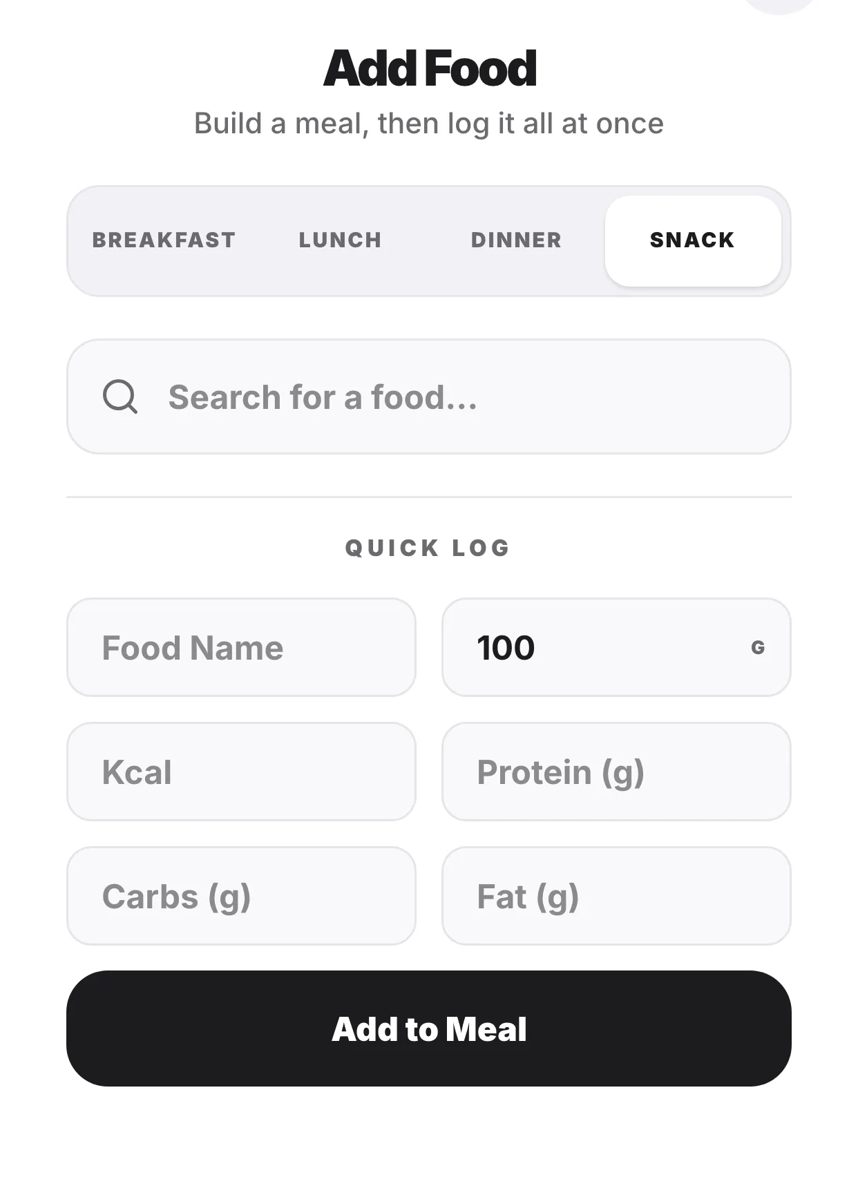 The manual path: search for a food, or quick-log a name with grams, calories and macros typed by hand