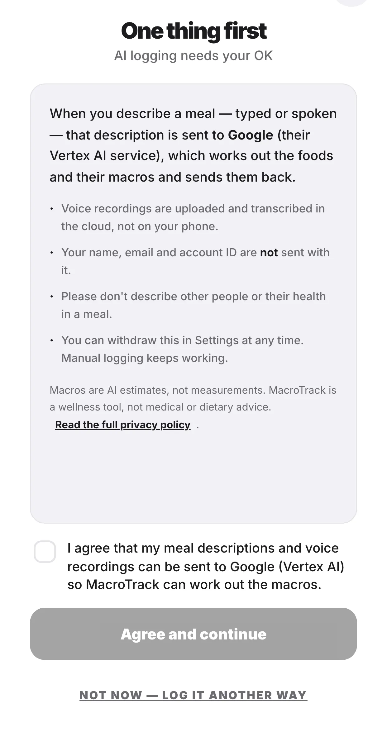 The consent screen shown before any AI logging: what is sent to Google, that voice is transcribed in the cloud, that name, email and account ID are not sent, and that consent can be withdrawn while manual logging keeps working