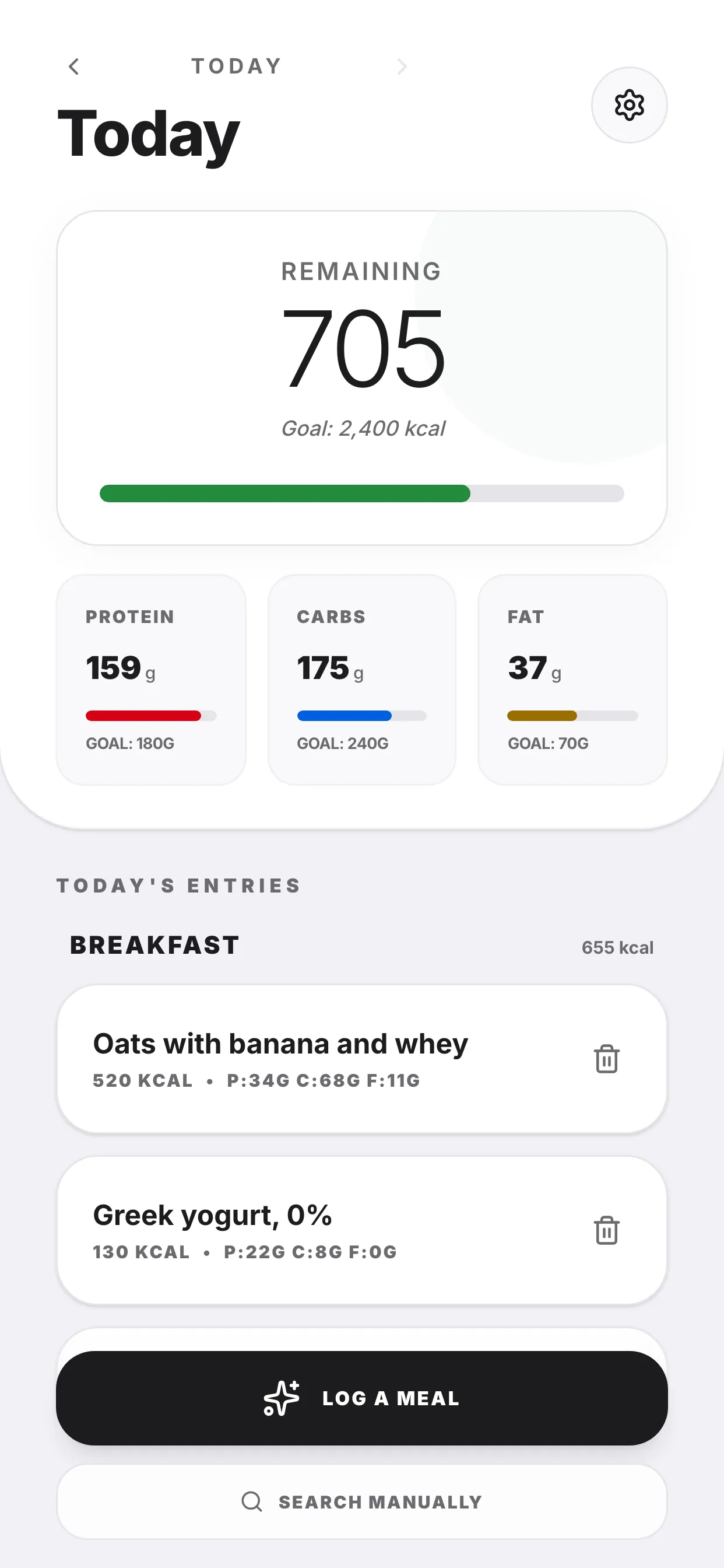 MacroTrack's Today screen with 705 calories remaining against a 2,400 kcal goal, protein, carbs and fat tracked against their own targets, and the day's logged meals beneath