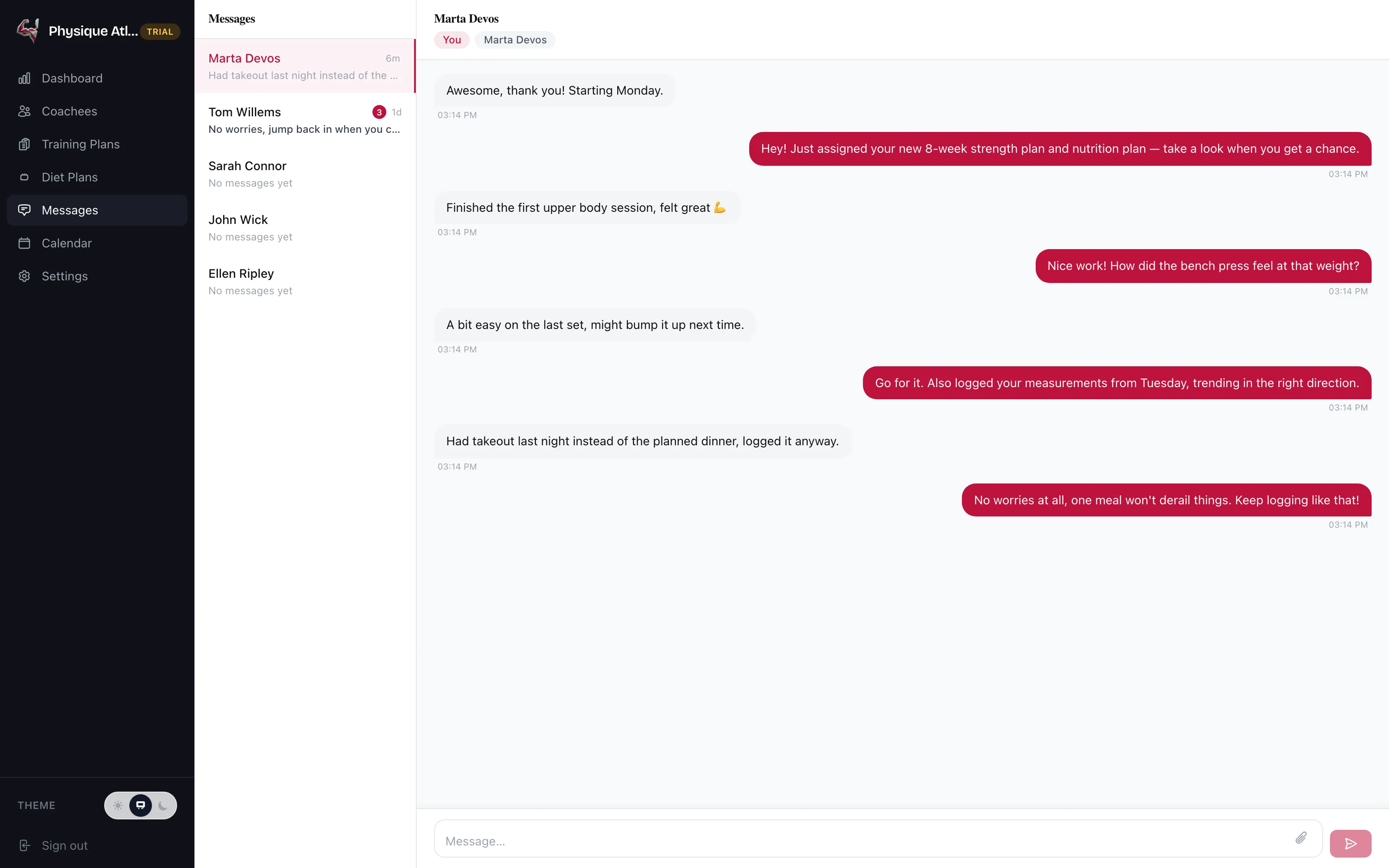 Message thread between a coach and a coachee