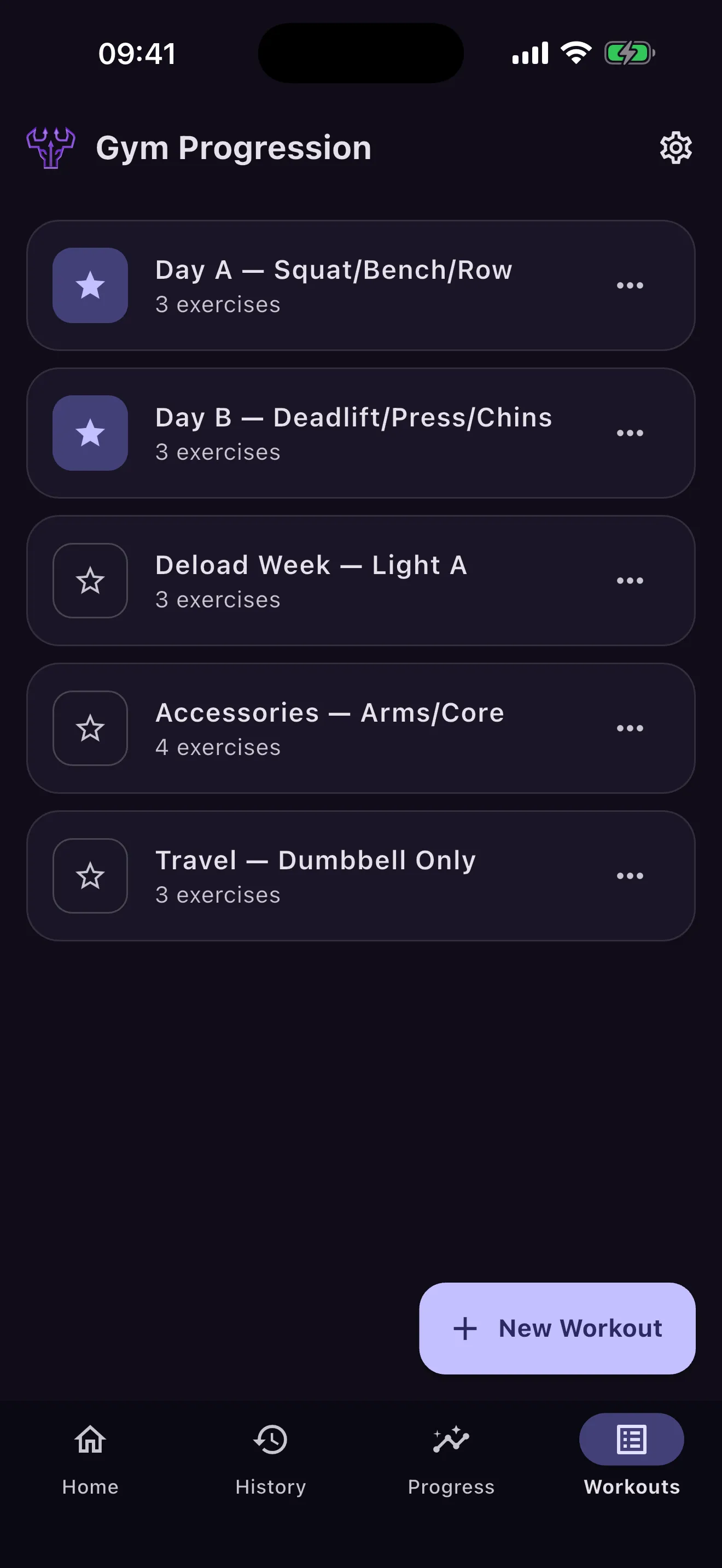 List of workout templates including two training days, a deload week, accessories and a travel workout